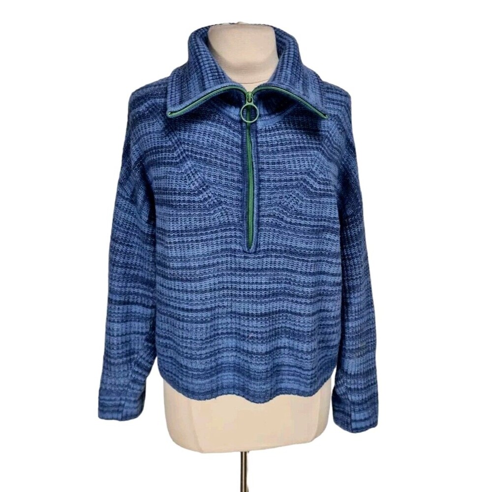 aerie Women 1/4 Zip Up Cowl Neck Crop Sweater Size S Blue Cable Knit Long SL E8A